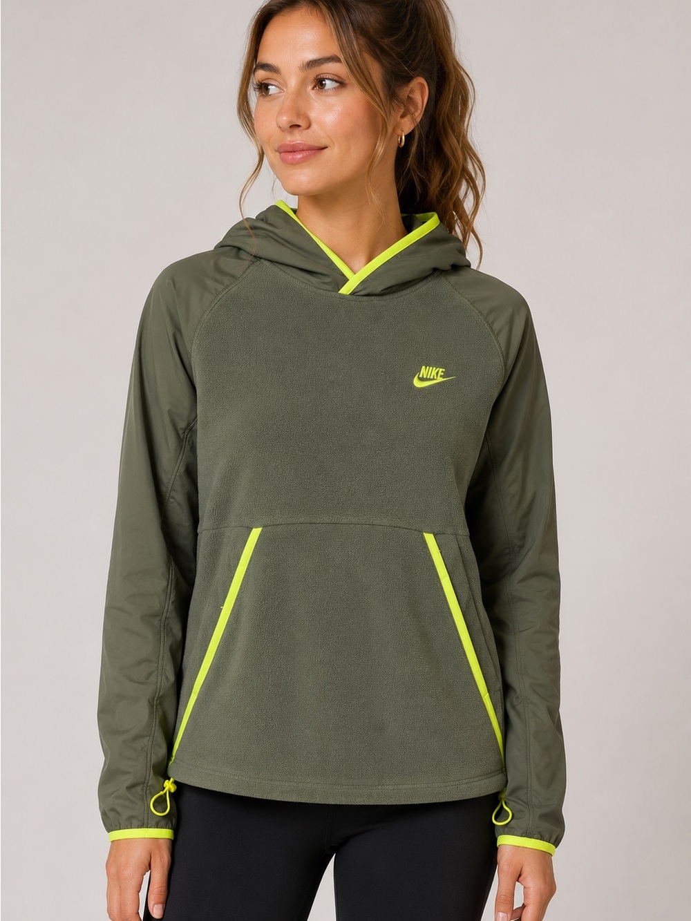 Nike Olive Green Hoodie with Neon Yellow Trim - Women’s Pullover